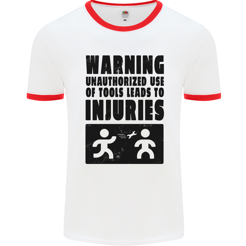 Warning Tools DIY Tradesman Carpenter Mens White Ringer T-Shirt White/Red