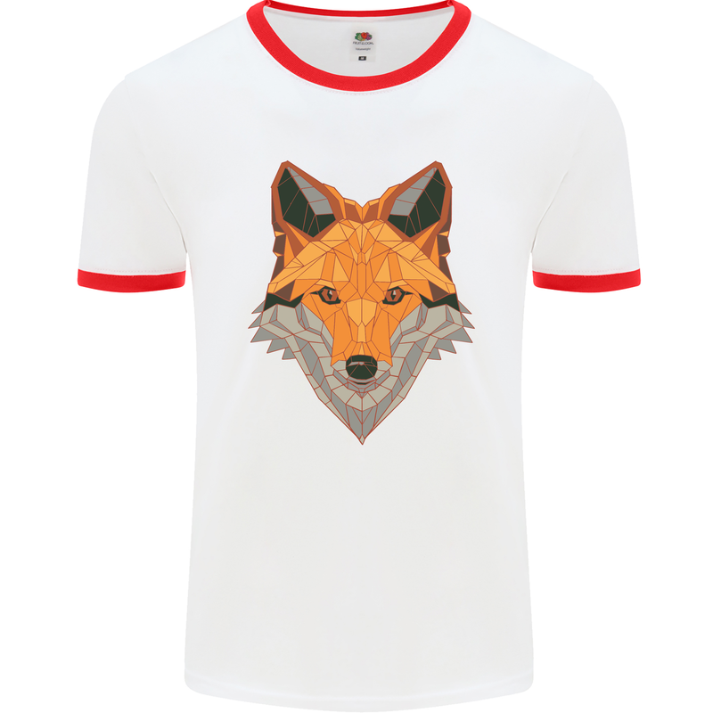 Polygonal Fox Mens White Ringer T-Shirt White/Red