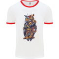 Funny Steampunk Pirate Owl Mens White Ringer T-Shirt White/Red