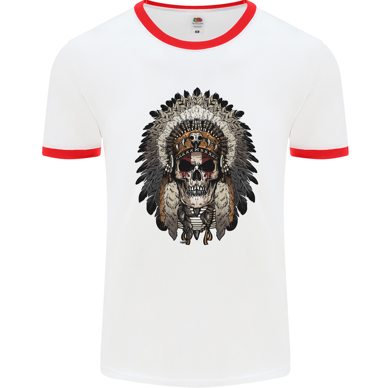 Native American Indian Skull Headdress Mens White Ringer T-Shirt White/Red