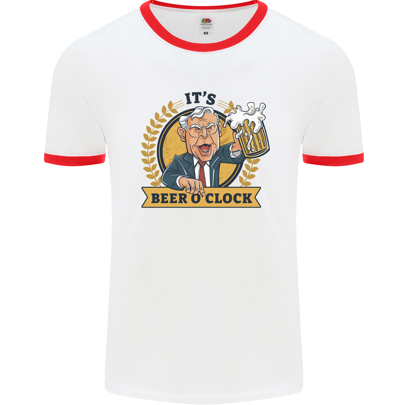 It's Beer O'Clock Funny Alcohol Mens White Ringer T-Shirt White/Red