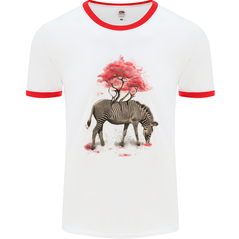 Zebra and Tree Watercolour Mens White Ringer T-Shirt White/Red