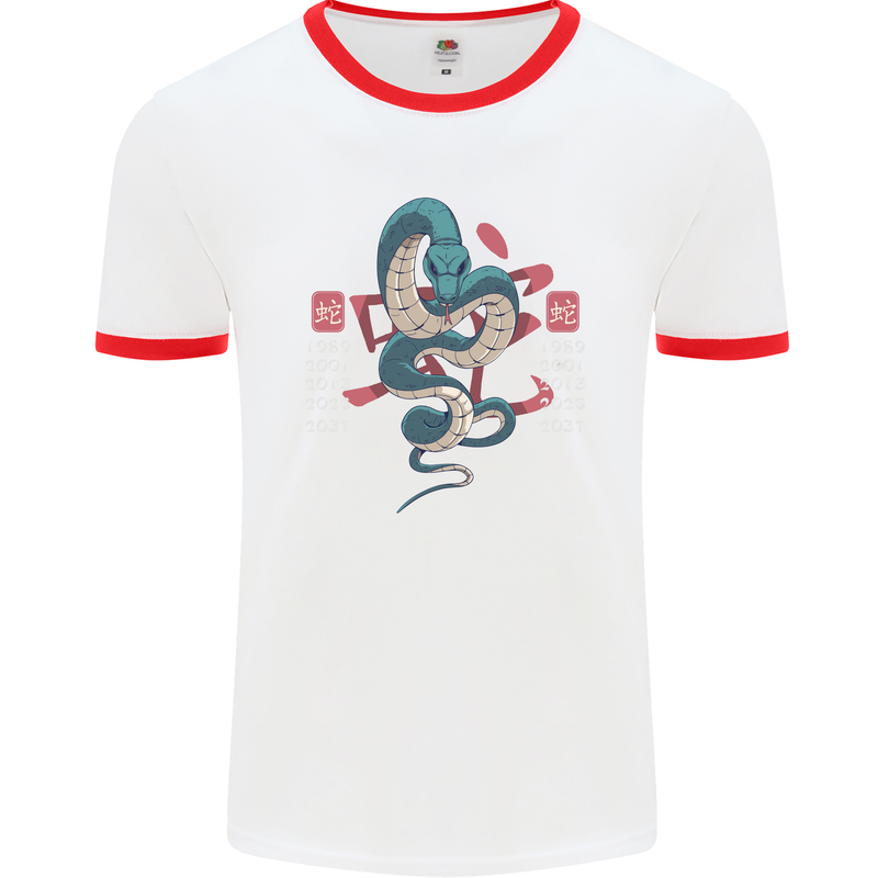 Chinese Zodiac Shengxiao Year of the Snake Mens White Ringer T-Shirt White/Red