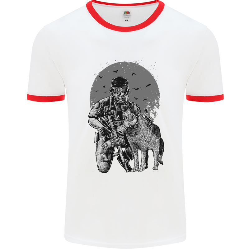 Gas Mask & Dog Apocalypse Armed Militia Mens White Ringer T-Shirt White/Red