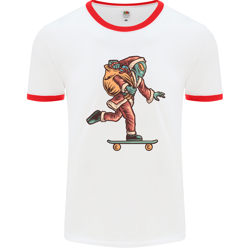 Funny Santa Clause Alien on a Skateboard Mens White Ringer T-Shirt White/Red