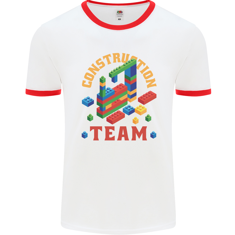 Construction Funny Building Blocks Bricks Mens White Ringer T-Shirt White/Red