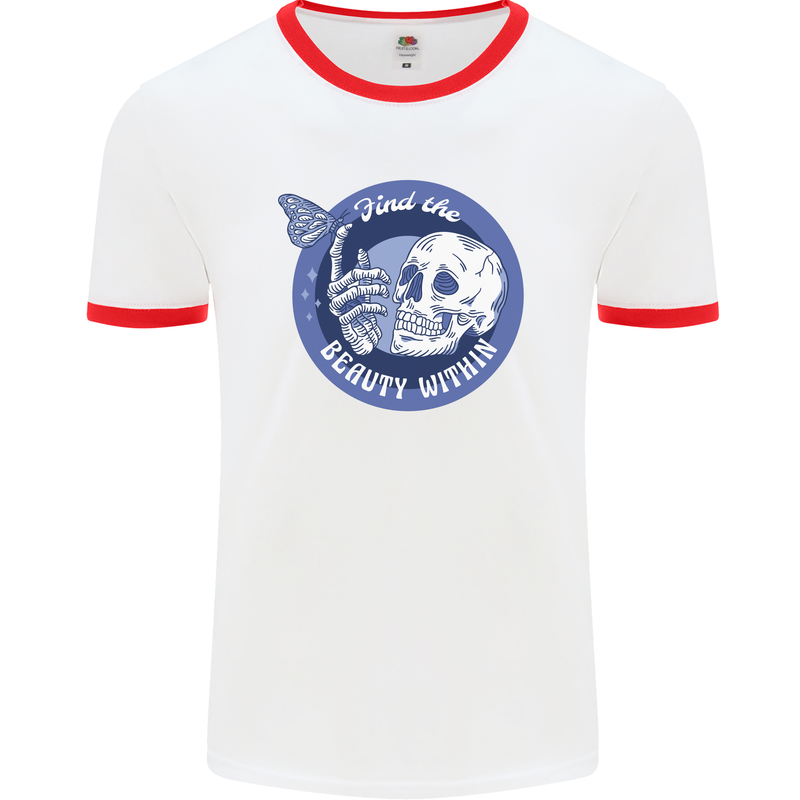 Skull & Butterfly Find the Beauty Within Mens White Ringer T-Shirt White/Red