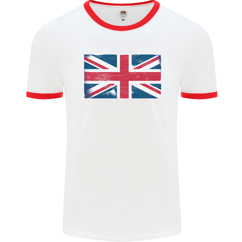 Distressed Union Jack Flag Great Britain Mens White Ringer T-Shirt White/Red