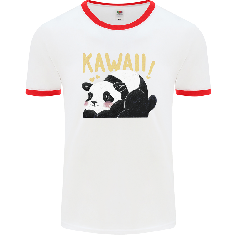 Kawaii Panda Bear Cute Mens Ringer T-Shirt White/Red