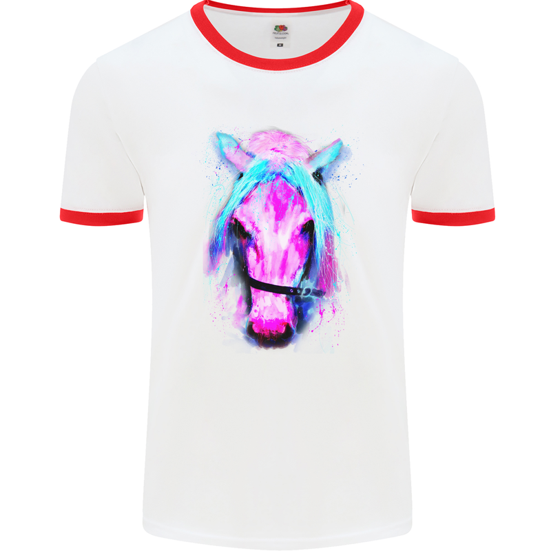 Watercolour Horse Mens White Ringer T-Shirt White/Red