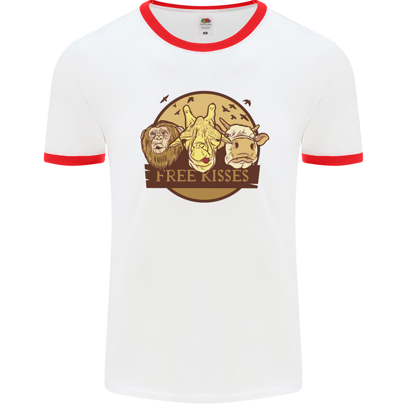 Free Kisses Animals Cow Monkey Giraffe Mens Ringer T-Shirt White/Red