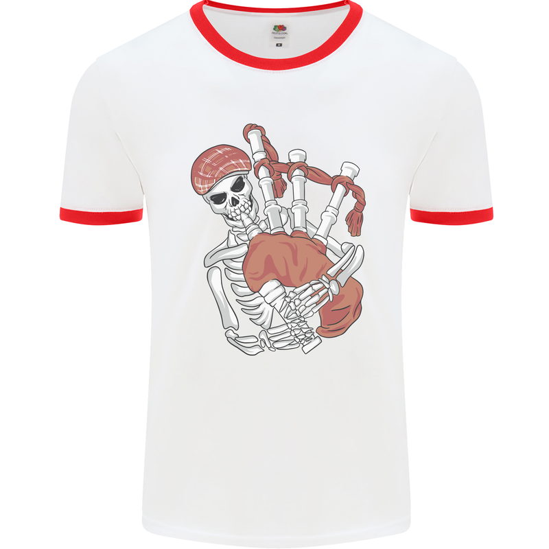 A Skeleton Playing the Bagpipes Mens Ringer T-Shirt White/Red