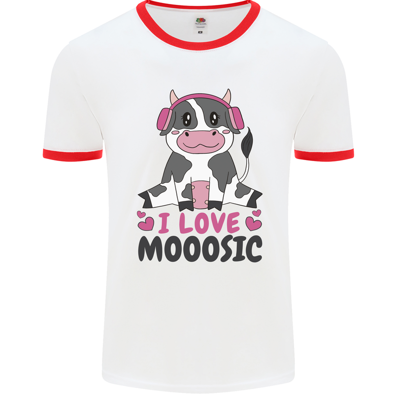 I Love Mooosic Funny Cow DJ Mens White Ringer T-Shirt White/Red