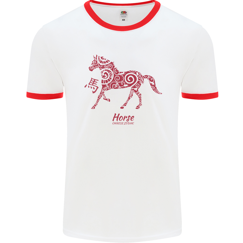 Chinese Zodiac Shengxiao Year of the Horse Mens White Ringer T-Shirt White/Red