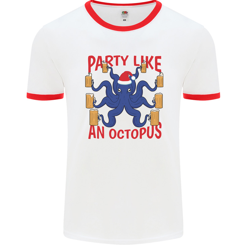 Beer Party Octopus Christmas Scuba Diving Mens White Ringer T-Shirt White/Red