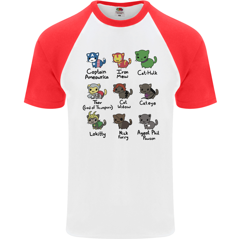 Funny Cat Superheroes Mens S/S Baseball T-Shirt White/Red