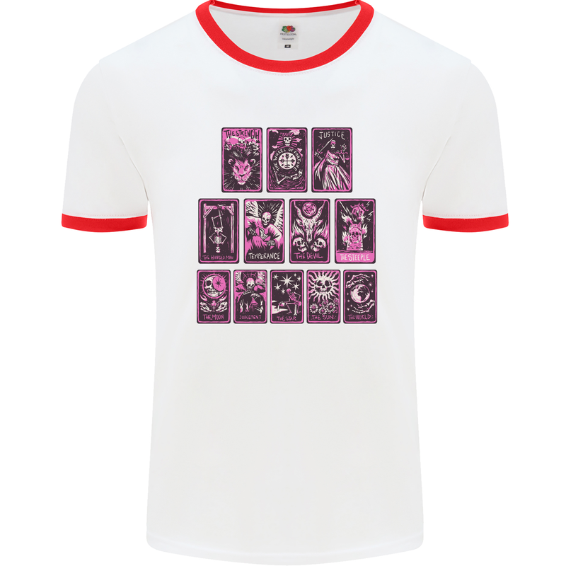 Tarot Cards Fortune Teller Skulls Mens White Ringer T-Shirt White/Red