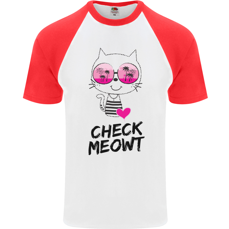 Check Meowt Mens S/S Baseball T-Shirt White/Red