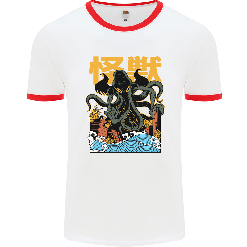 Cthulhu Japanese Anime Kraken Mens White Ringer T-Shirt White/Red