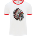 Indian Skull Headdress Biker Motorbike Mens White Ringer T-Shirt White/Red