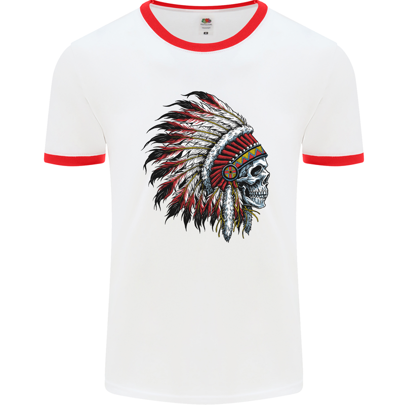 Indian Skull Headdress Biker Motorbike Mens White Ringer T-Shirt White/Red