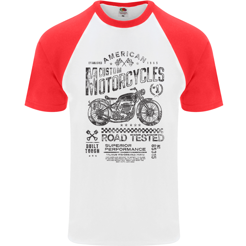American Custom Motorbike Biker Motorcycle Mens S/S Baseball T-Shirt White/Red