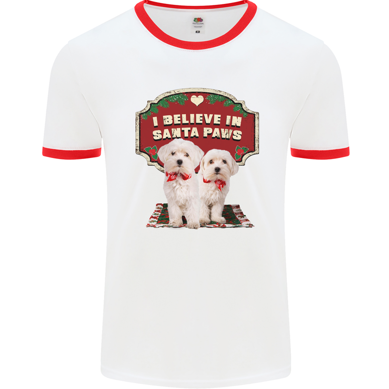 Christmas Maltese Funny Santa Paws Xmas Mens White Ringer T-Shirt White/Red