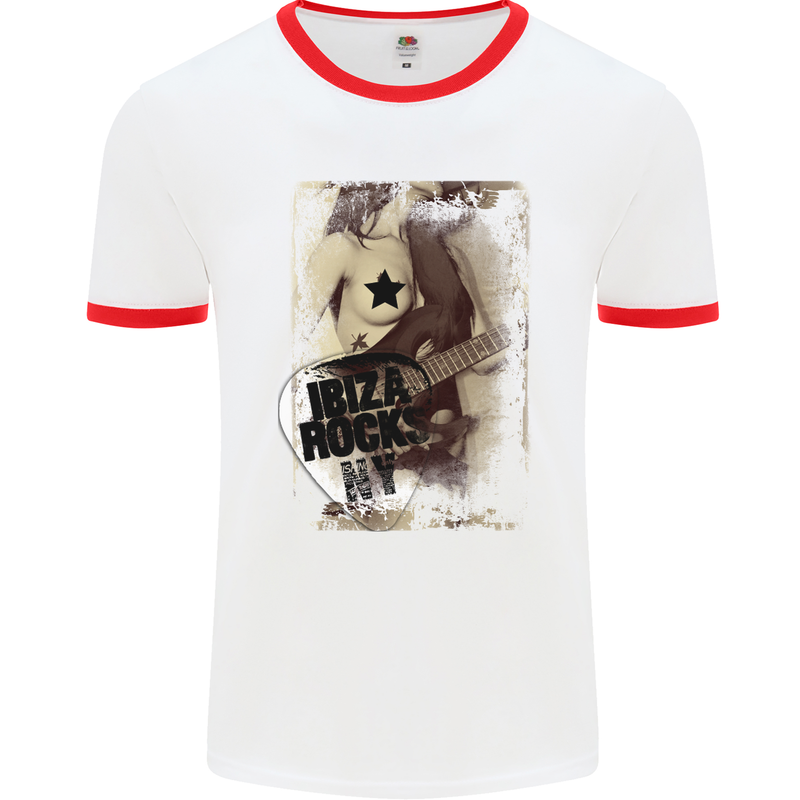 Ibiza Rocks Dance Music Mens White Ringer T-Shirt White/Red