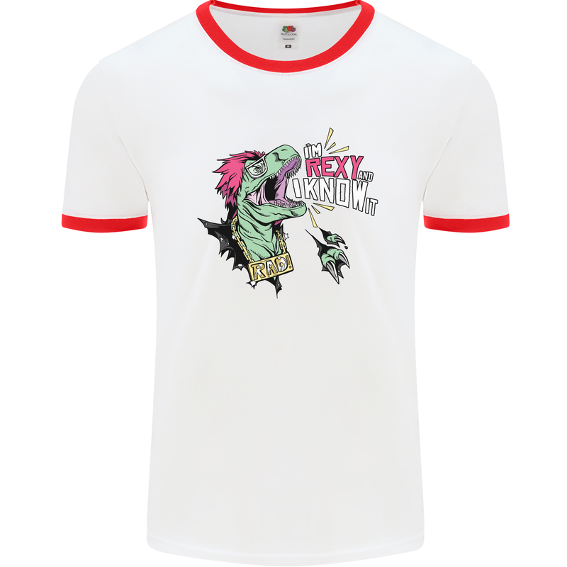 Dinosaurs T-Rex I'm Rexy and I Know It Sexy Mens White Ringer T-Shirt White/Red