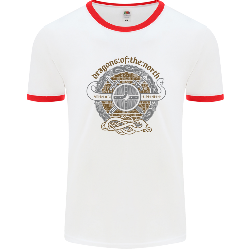 Dragons North Viking Valhalla Thor Odin Mens White Ringer T-Shirt White/Red