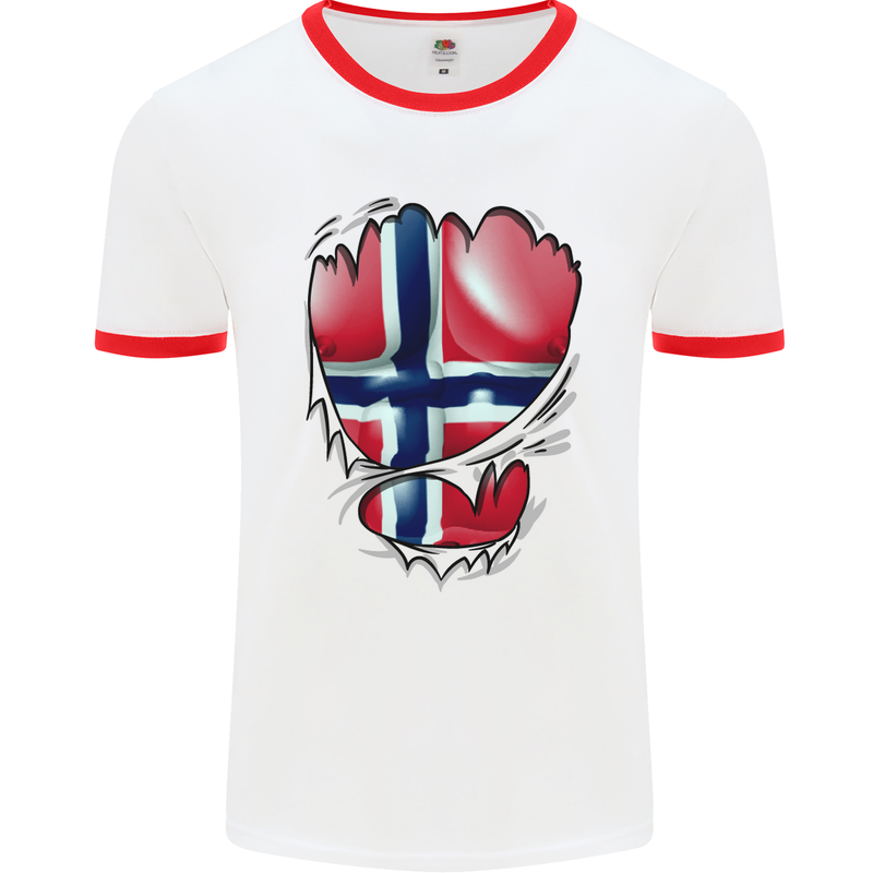 Gym Norwegian Flag Ripped Muscles Norway Mens White Ringer T-Shirt White/Red