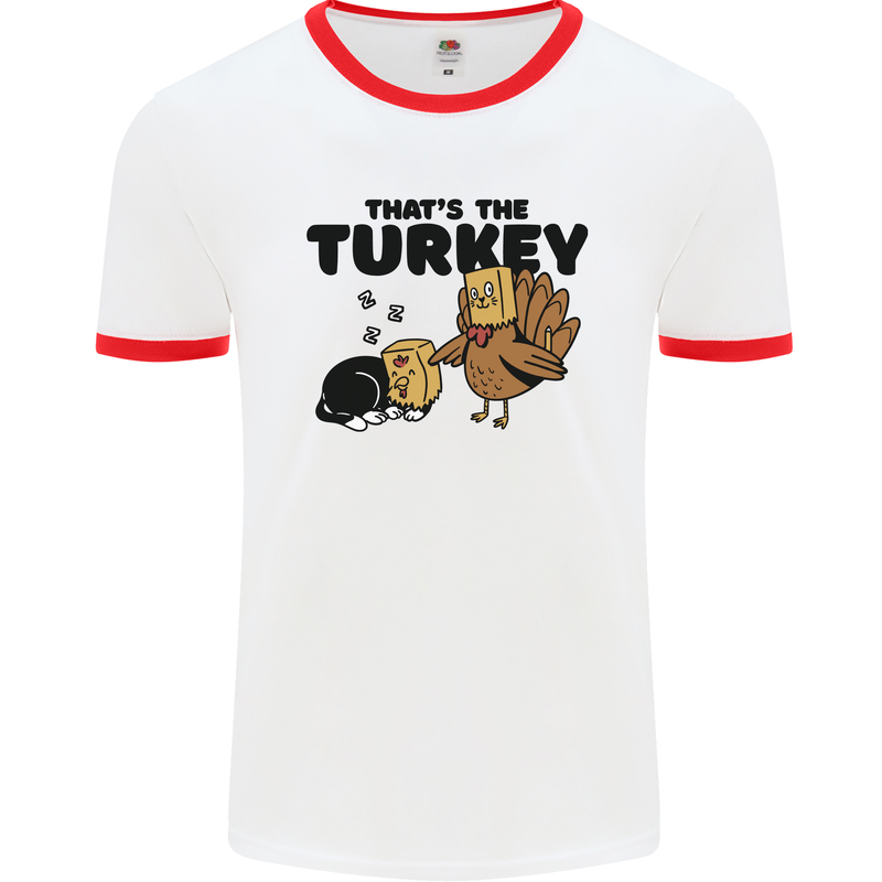 Thanks Giving Christmas Turkey Cat Mens Ringer T-Shirt White/Red