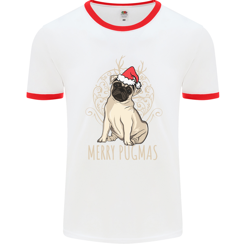 Merry Pugmas Funny Christmas Pug Mens White Ringer T-Shirt White/Red