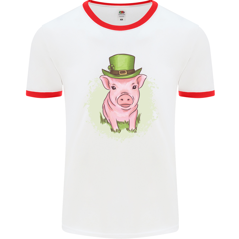 St Patricks Day Pig Mens White Ringer T-Shirt White/Red