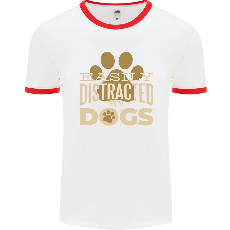 Easily Distracted By Dogs Funny ADHD Mens White Ringer T-Shirt White/Red