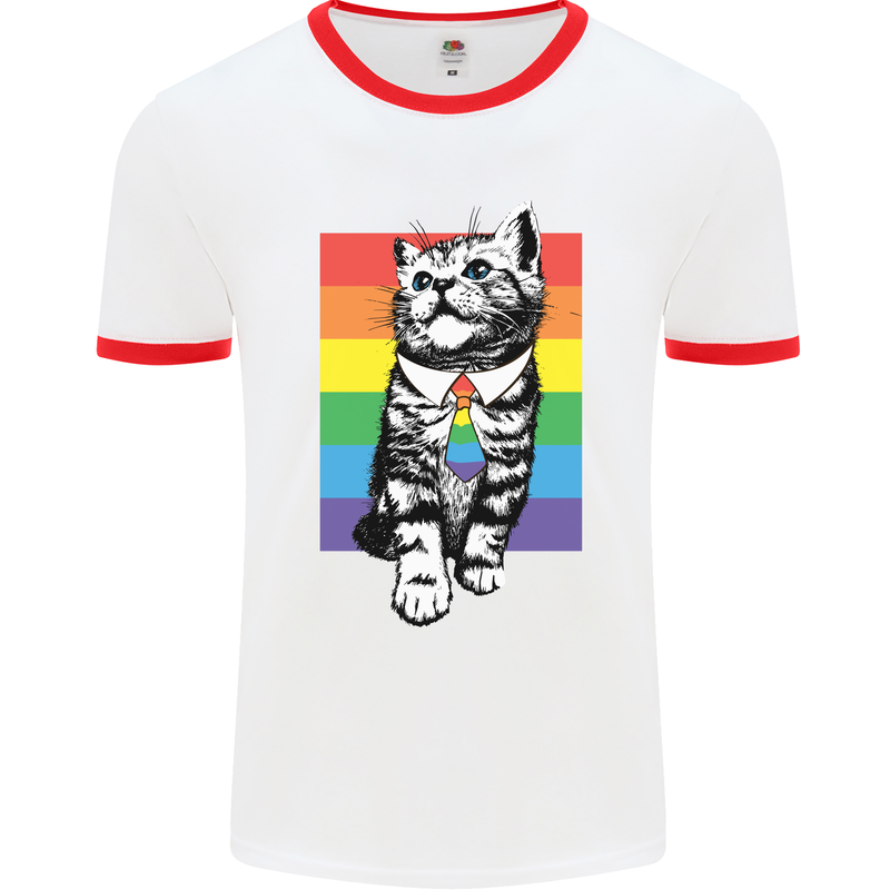 LGBT Cat Gay Pride Day Awareness Mens Ringer T-Shirt White/Red