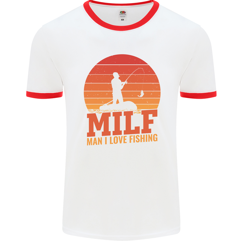 MILF Fishing Funny Fisherman Father's Day Mens White Ringer T-Shirt White/Red