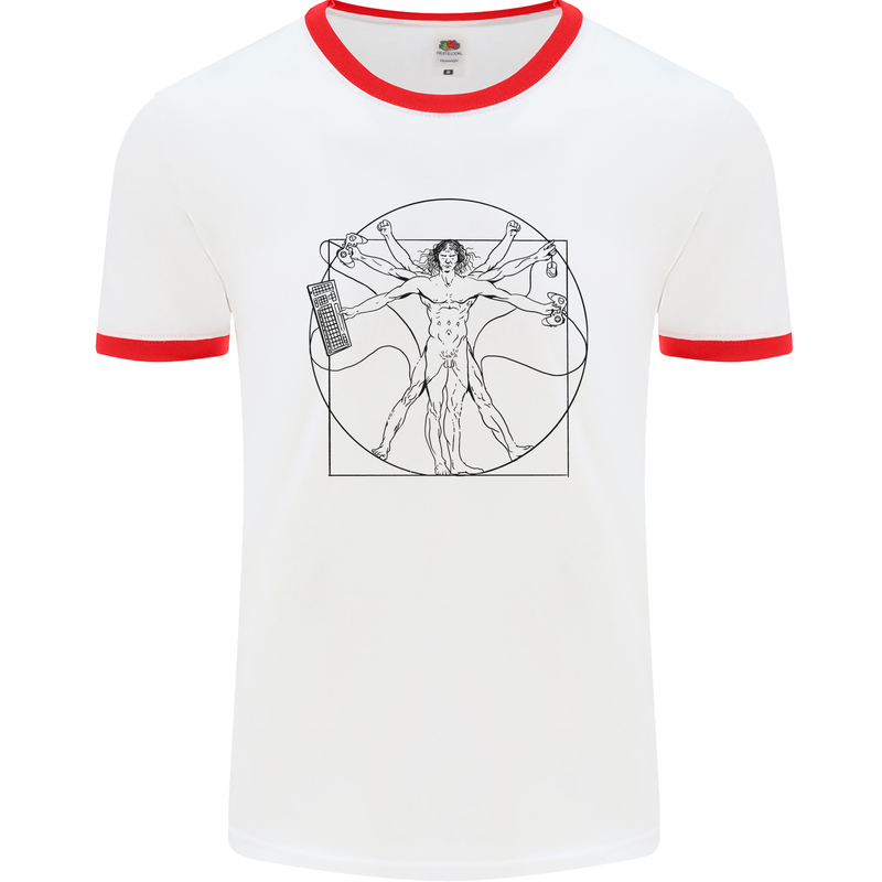 Gaming Vitruvian Gamer Funny Video Games Mens White Ringer T-Shirt White/Red