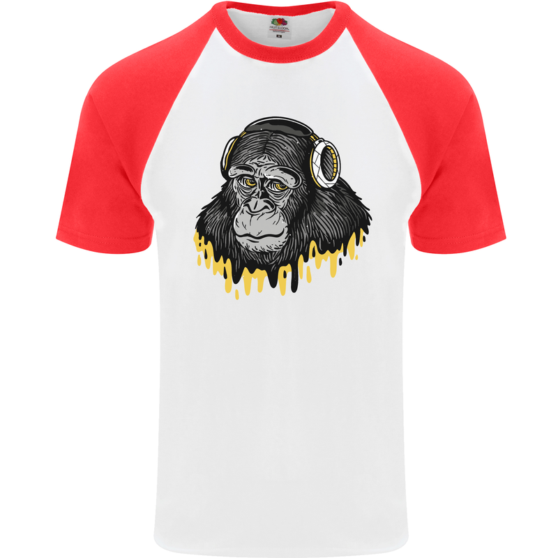 Monkey DJ Headphones Music Mens S/S Baseball T-Shirt White/Red