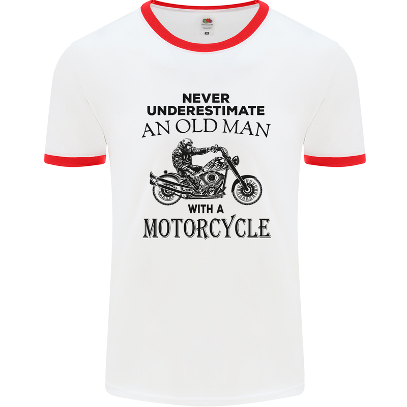 Old Man With a Motorcyle Biker Motorcycle Mens White Ringer T-Shirt White/Red