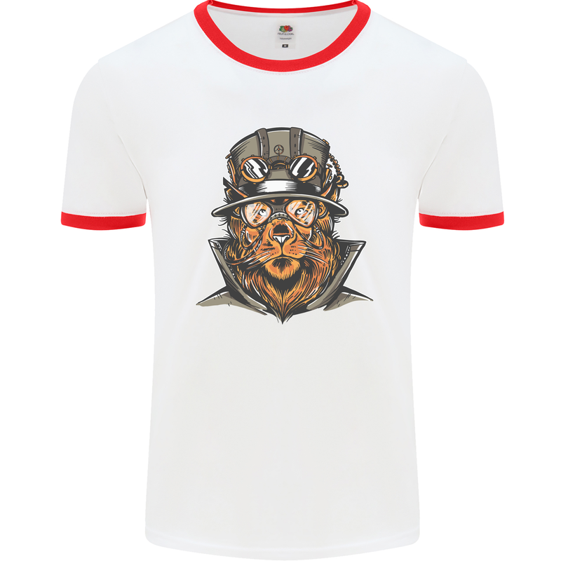 Steampunk Lion Mens White Ringer T-Shirt White/Red