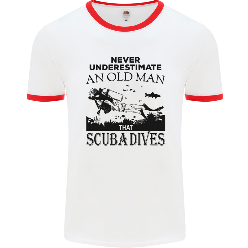 An Old Man That Scuba Dives Diver Dive Mens White Ringer T-Shirt White/Red