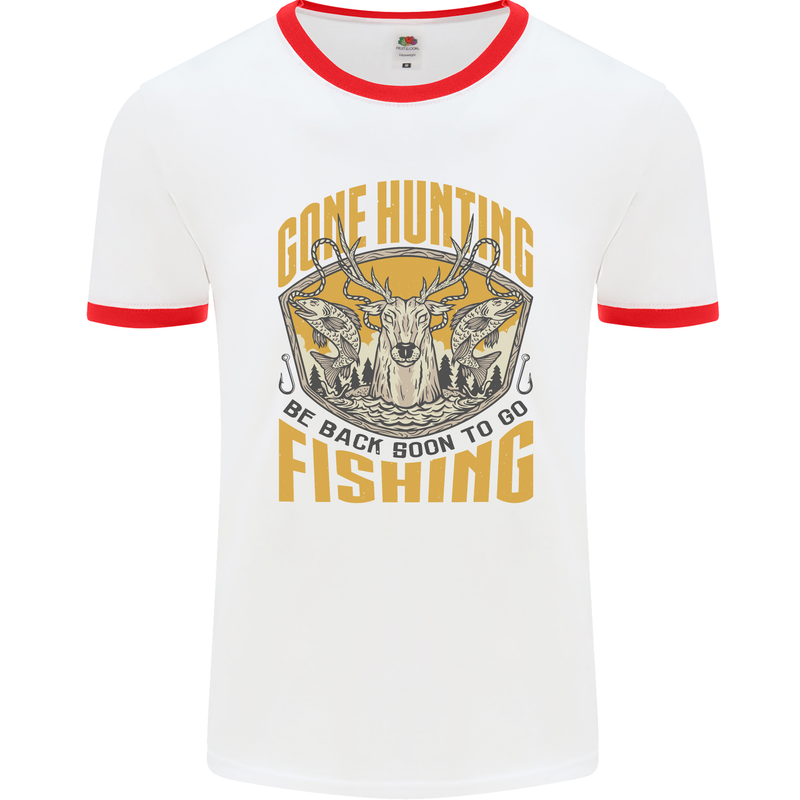 Gone Hunting Then Fishing Funny Hunter Mens White Ringer T-Shirt White/Red