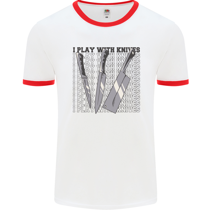 I Play With Knives Funny Chef Mens White Ringer T-Shirt White/Red