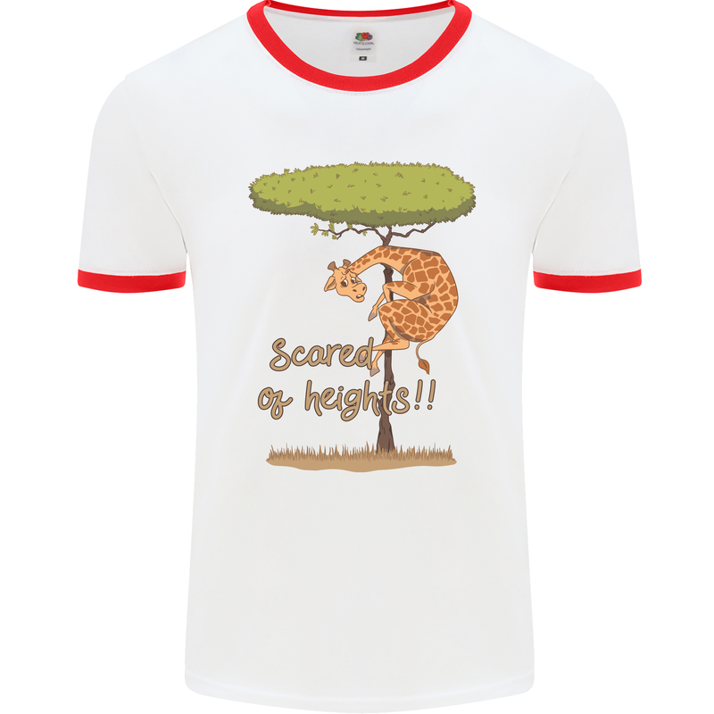 Scared of Heights Funny Giraffe Acrophobia Mens Ringer T-Shirt White/Red