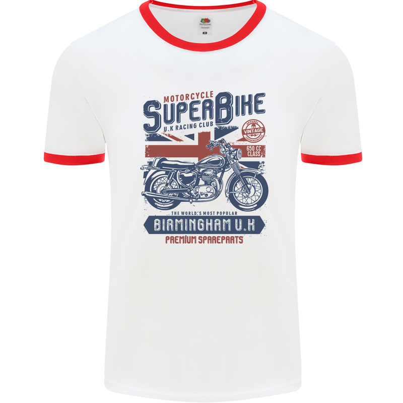 Motorcycle Superbike Birmingham U.K. Biker Mens White Ringer T-Shirt White/Red