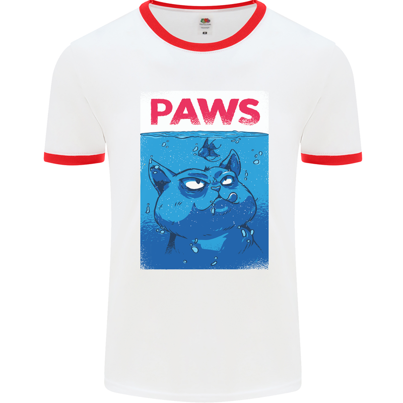 Paws Funny Cat and Goldfish Parody Mens White Ringer T-Shirt White/Red