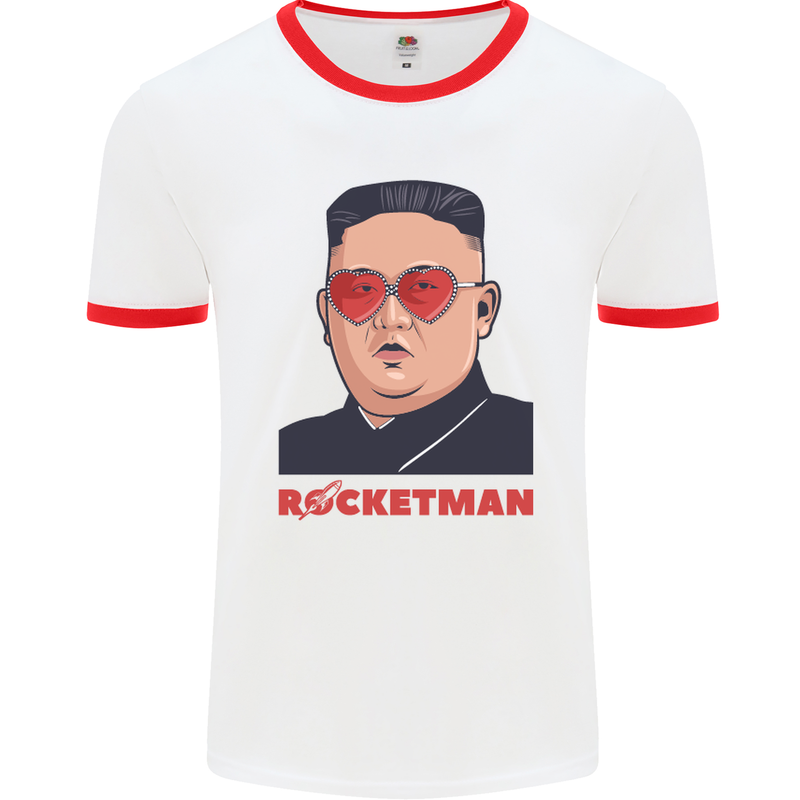 Rocket Man Kim Jong-un Missile Test Funny Mens White Ringer T-Shirt White/Red