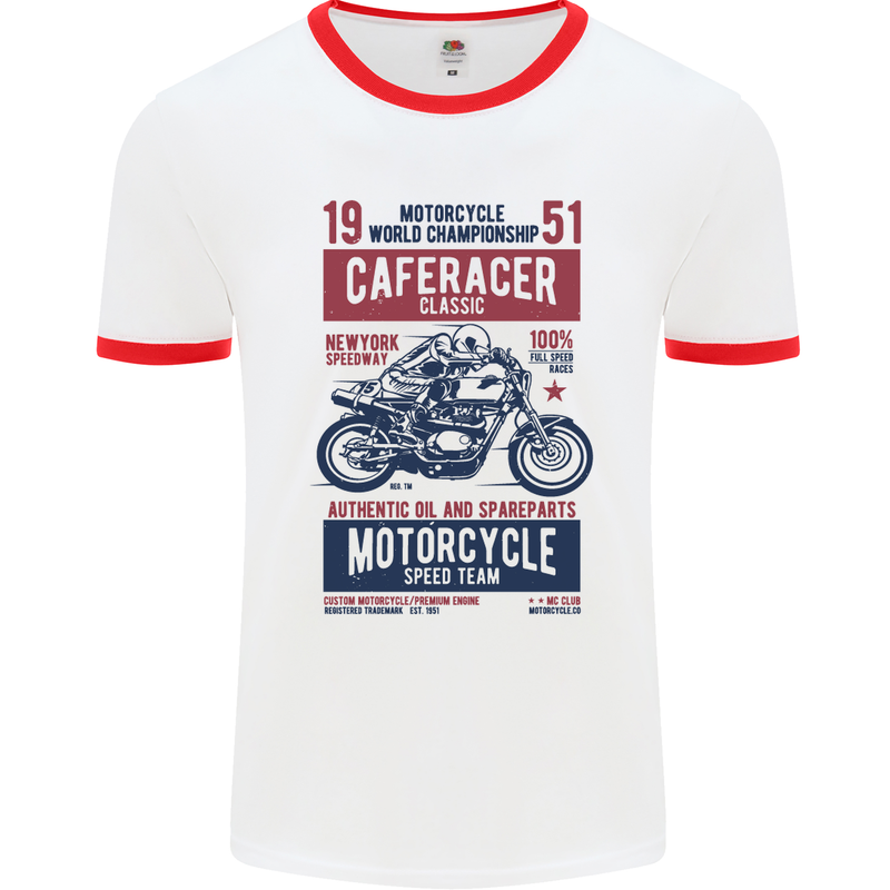 Biker Cafe Racer 1951 Motorbike Motorcycle Mens White Ringer T-Shirt White/Red