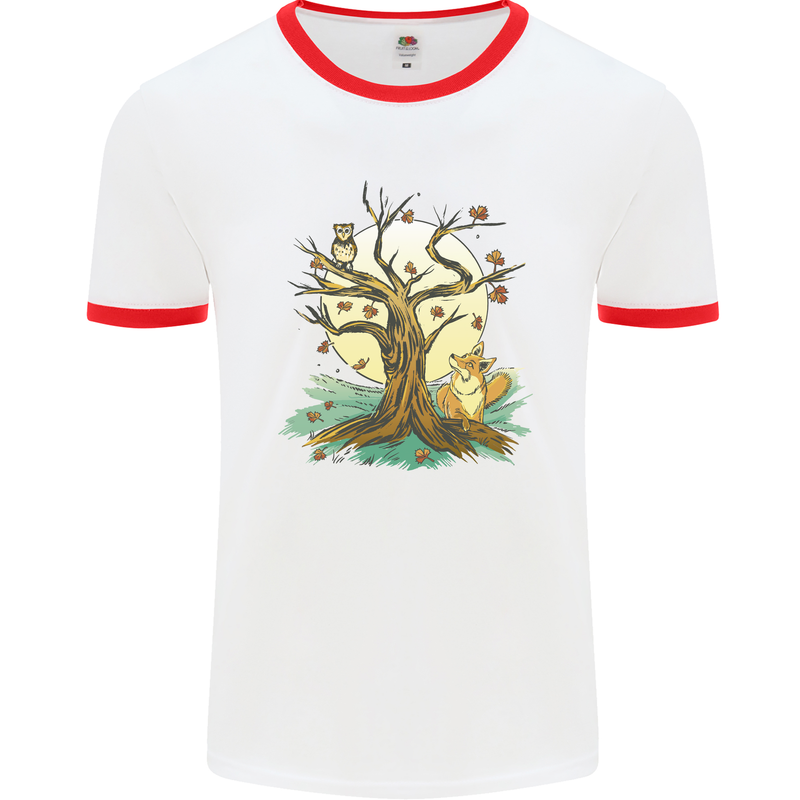 An Owl and Fox Tree Nature Ecology Mens White Ringer T-Shirt White/Red